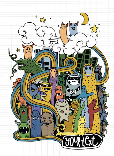 Hand drawn Crazy doodle Monster City — Stock Vector