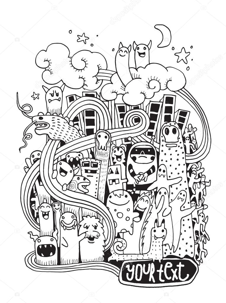 Hand drawn Crazy doodle Monster City