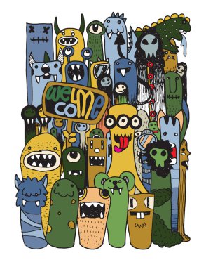 Elle çizilmiş deli doodle canavar şehir