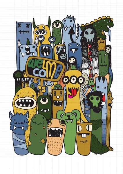 Disegnato a mano Pazzo doodle Monster City — Vettoriale Stock