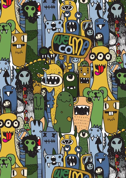 Wzór z Crazy ręcznie rysowane doodle Monster City — Zdjęcie stockowe