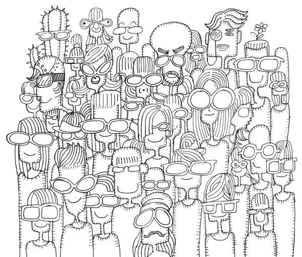 Hipster hand getrokken Doodle menigte van gelukkige mensen in zonnebril — Stockvector