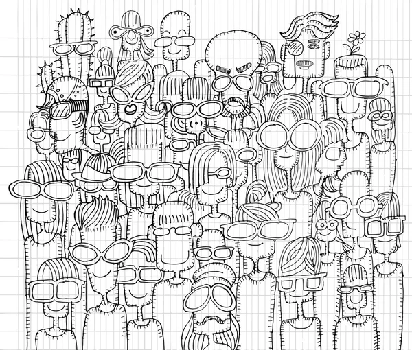 Hipster tangan ditarik Doodle kerumunan orang bahagia di kacamata hitam - Stok Vektor