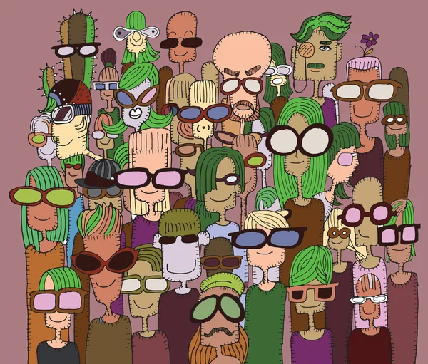 Hipster dibujado a mano Doodle multitud de personas felices en gafas de sol — Vector de stock