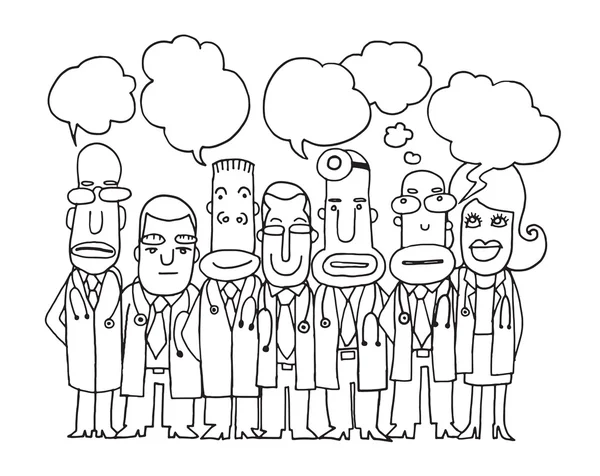 Team of  Doctors stand and talk in speech bubbles — Stock Vector