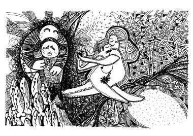 Aşk ve sex kavramsal çizimi. mutlu çift yapar seviyorum