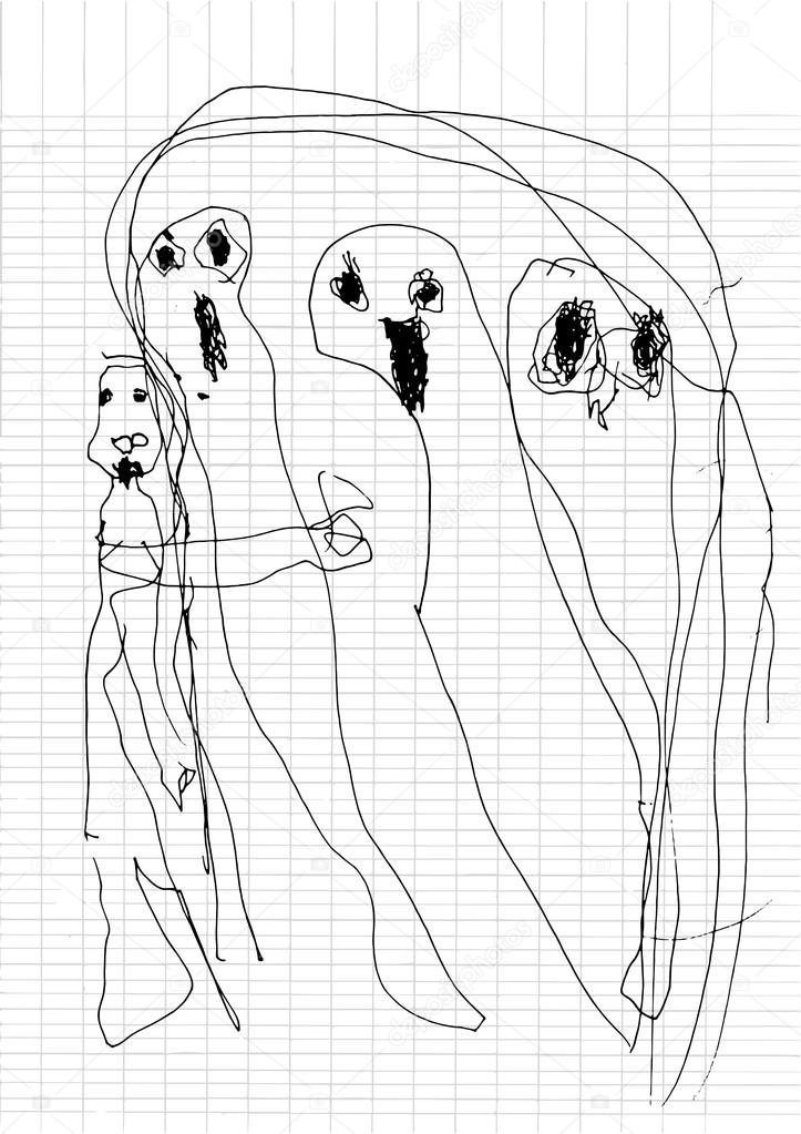 Ghost doodles by real kid,drawing style Pen on Paper Notebook