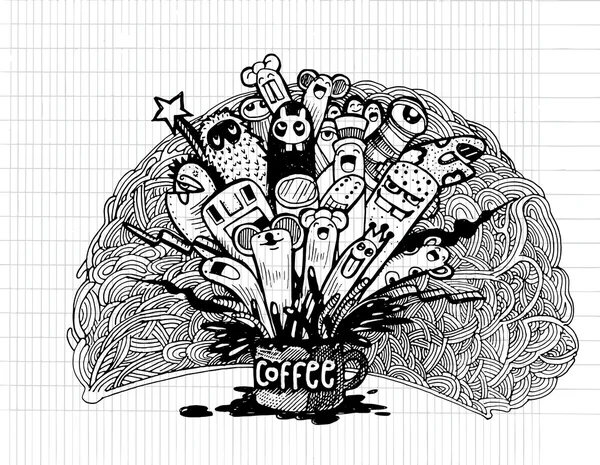 Sfondo di caffè scarabocchiato disegnato a mano, illustratore linea strumenti disegnare — Vettoriale Stock