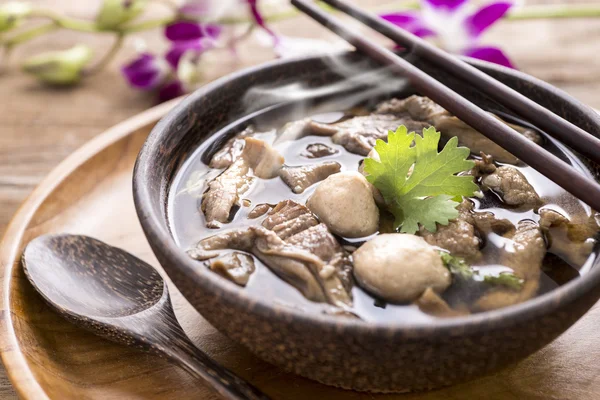 Beef Noodle Soup,Close up of a wooden bowl — Stock Photo, Image