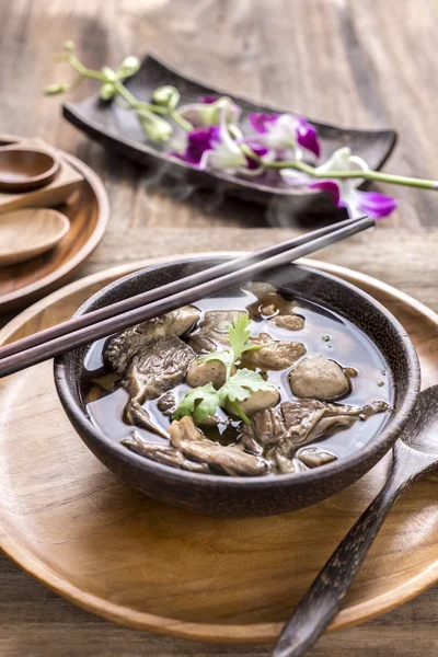 Beef Noodle Soup,Close up of a wooden bowl — Stock Photo, Image