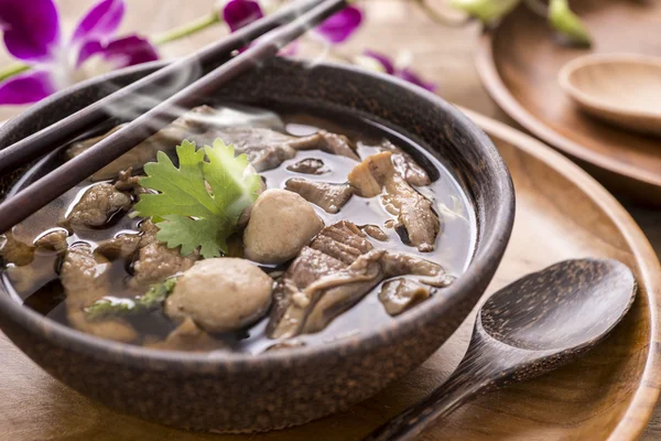 Beef Noodle Soup,Close up of a wooden bowl — Stock Photo, Image