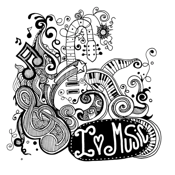Çizilmiş yarım yamalak defter Doodles ve Swirls müziği seviyorum — Stok Vektör