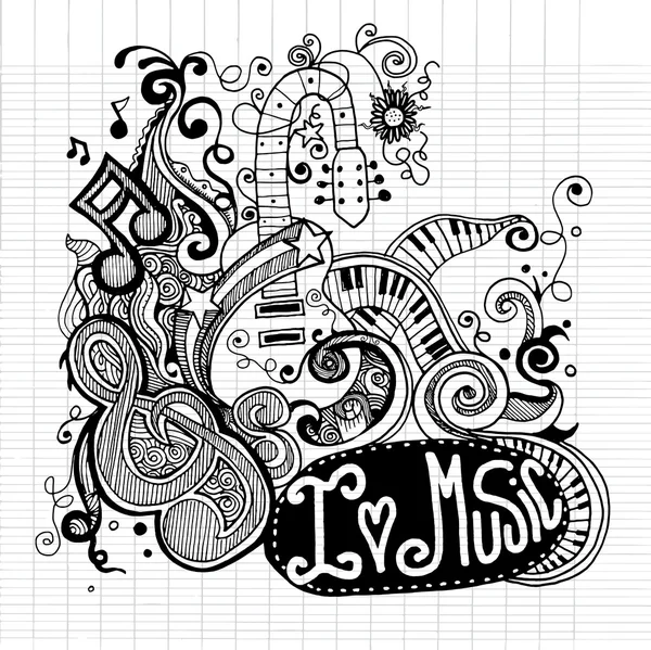 Çizilmiş yarım yamalak defter Doodles ve Swirls müziği seviyorum 