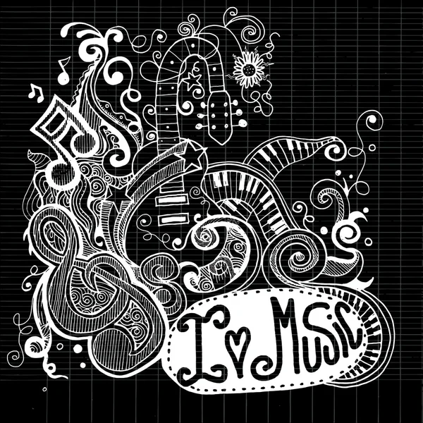 Çizilmiş yarım yamalak defter Doodles ve Swirls müziği seviyorum 