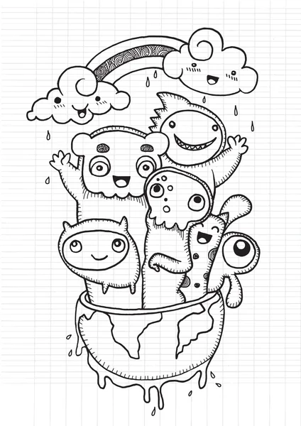 Doodle Desenhos animados bonitos Terra feliz. Terra fundo dia —  Vetores de Stock