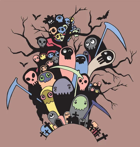 Handgezeichnete niedliche Totenskelett-Figuren für Halloween — Stockvektor