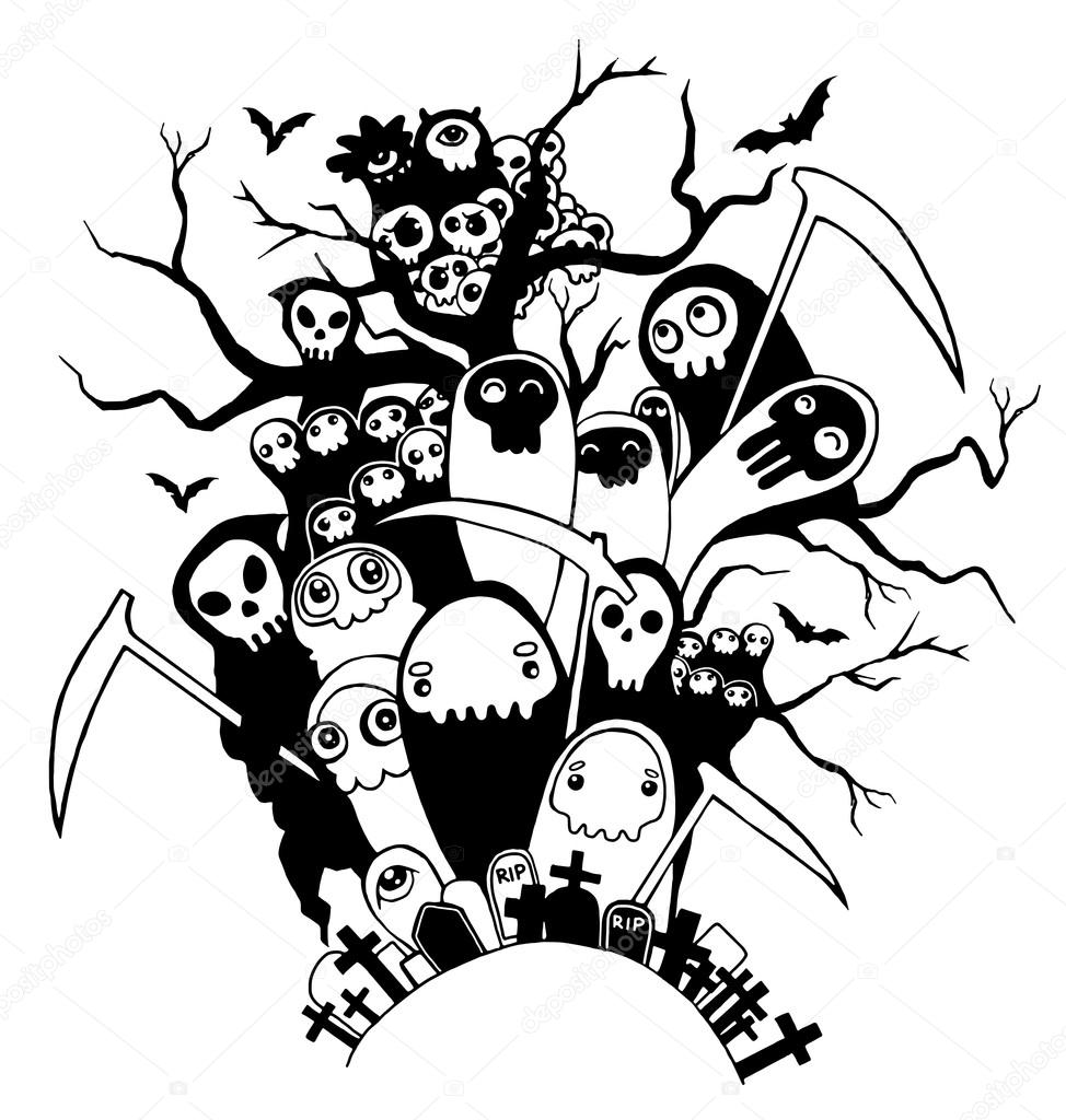 Hand drawn cute Death skeleton characters with and without scythe, suitable for Halloween,doodle style.Vector illustration.