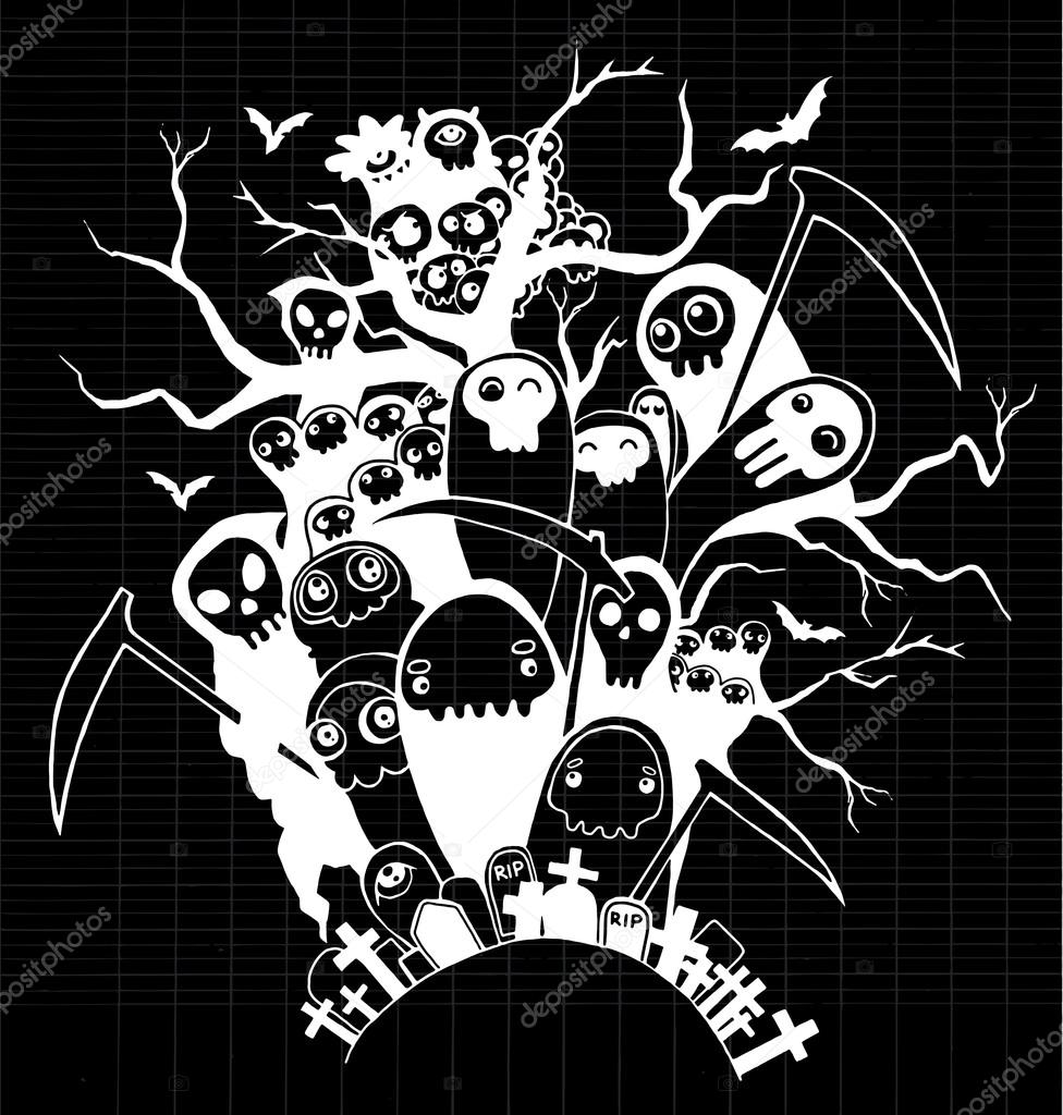 Hand drawn cute Death skeleton characters with and without scythe, suitable for Halloween,doodle style. Pen on Paper Notebook .Vector illustration.