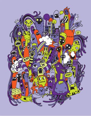 Elle çizilmiş yabancılar ve canavarlar karikatür doodle