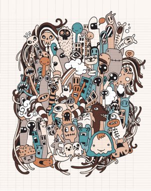 Elle çizilmiş yabancılar ve canavarlar karikatür doodle