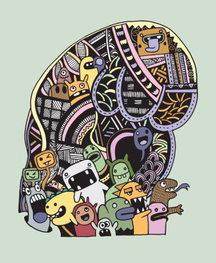 Elle çizilmiş yabancılar ve canavarlar karikatür doodle