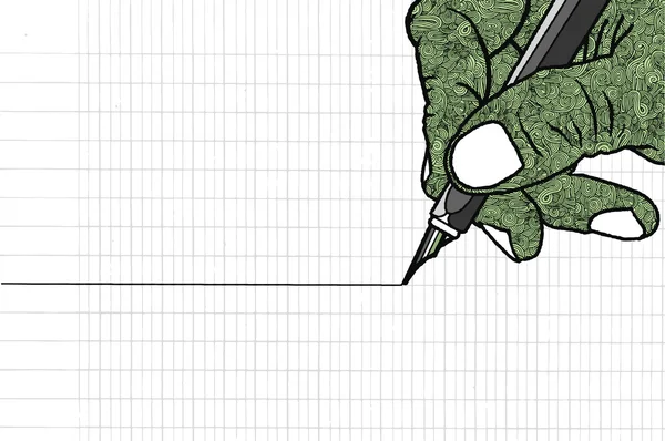 एक पेन धारण हाताचा प्रिंट साधे ओळ रेखा रेखाचित्र . — स्टॉक व्हेक्टर