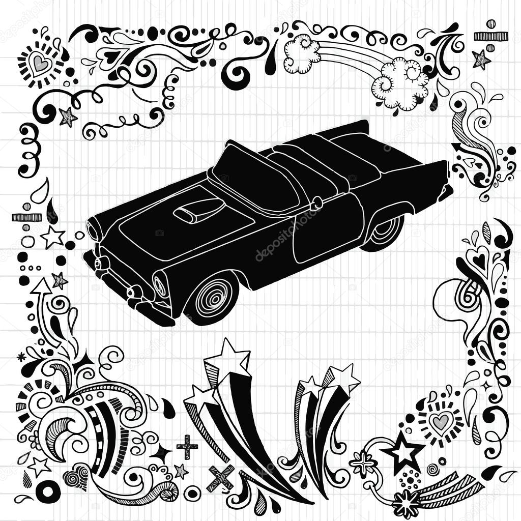 hand drawing  Vintage car with ornamental 
