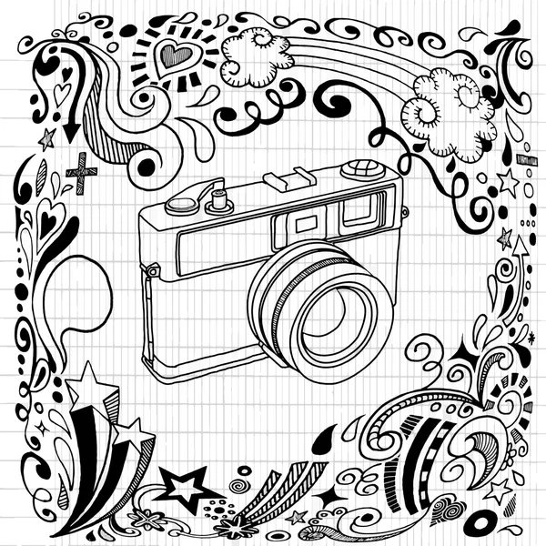 Dibujo a mano Cámara Vintage con ornamental — Vector de stock