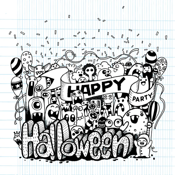 Mano dibujada de una feliz celebración de dibujos animados Monstruos garabato Halloween — Archivo Imágenes Vectoriales