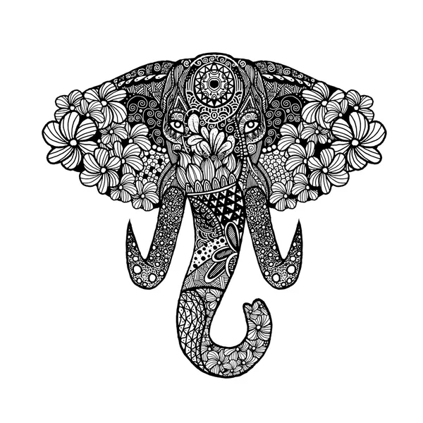 Der stilisierte Kopf eines Elefanten, handgezeichnete Spitze — Stockvektor