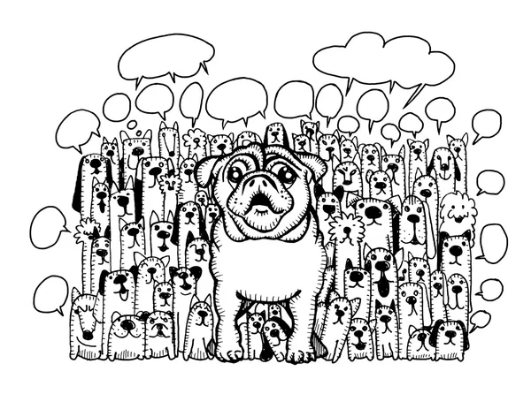 Handzeichnung Doodle niedliche Hunde Gruppe und Sprechblase — Stockvektor