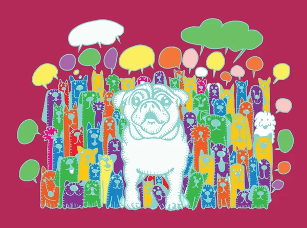 Mão desenho doodle bonito cães grupo e falando bolha —  Vetores de Stock