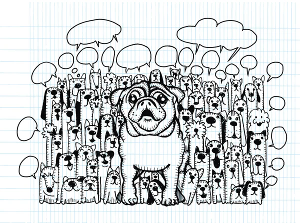 Grup ve kabarcık konuşan el çizim Doodle sevimli köpekler — Stok Vektör