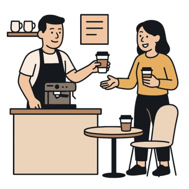 A barista woman coffee cafe counter smiling cup table chair casual friendly