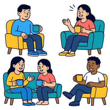 Ayrılan ve kahvenin tadını çıkaran insanların izole edilmiş renkli bir çizimi.