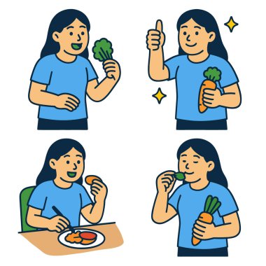 Sağlıklı sebze yiyen bir kadının izole edilmiş renkli bir çizimi.