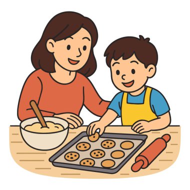 Anne ve çocuğun ayrı katmanlı kurabiye pişirmelerinin izole renkli bir çizimi.