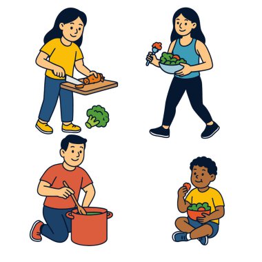 Ayrılmış katmanlı sahneleri hazırlayan insanları gösteren izole renkli bir çizim.