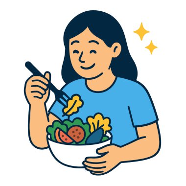 Ayrı katmanlı salata ve taze sebze yiyen mutlu bir kadın.