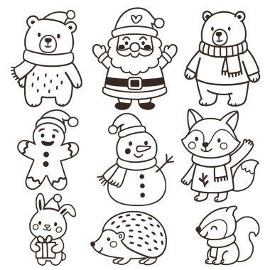 Güzel noel hayvanlarının ve Noel Baba 'nın izole edilmiş bir çizgi çizimi şenlik tarzında ayrılmış.