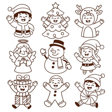 Melek de dahil olmak üzere neşeli noel karakterinin izole edilmiş bir çizgi çizimi.