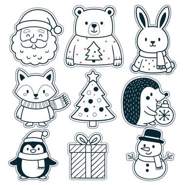 Şirin Noel hayvanının ve tatil karakterinin kışın ayrıldığı izole bir çizgi çizimi.