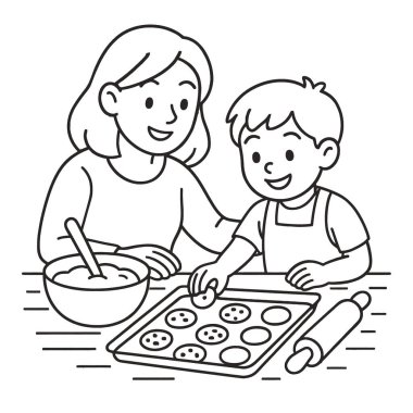 Mutlu kadın ve çocuğun birlikte kurabiye pişirdiği izole bir çizgi çizgisi.