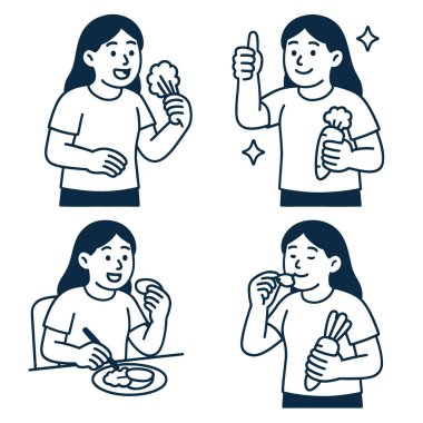 Ayrı katmanlı, çizgi çizimli, sağlıklı yiyecekleri mutlu duygusal bir şekilde yiyen bir kız.