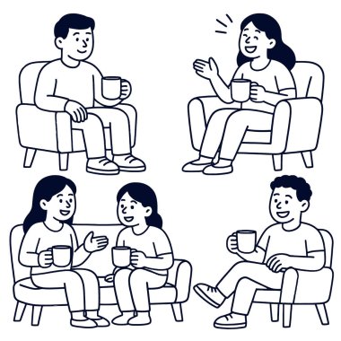 Ayrı yaşayan insanların izole edilmiş bir çizgi çizimi. Koltuk ve sandalye kahve içiyorlar.