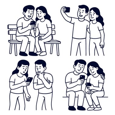 Münferit katmanlı çizgi çizgisi çizgisi olan çift akıllı telefon kullanarak çeşitli pozlar veriyor.