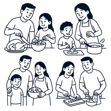 İzole edilmiş katmanlı bir çizgi çizimi aile mutfağını mutlu bir ifadeyle pişiriyor.