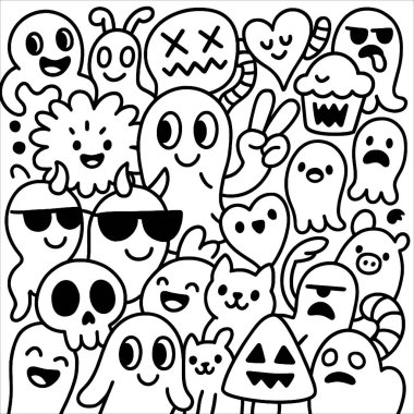 A doodle monster cartoon black and white cute funny ghost skull cat pumpkin cupcake