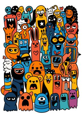 Renkli çizgi film karakterleri, karalama sanatı, mutlu ve oyuncu, bir grup canavar, yaratıcı