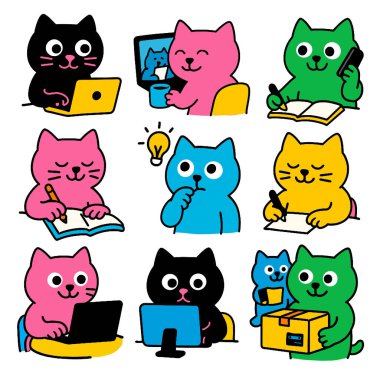 Dizüstü bilgisayarda çalışan, yazan, düşünen, telefonla konuşan ve kutu tutan bir çizgi film kedisi.